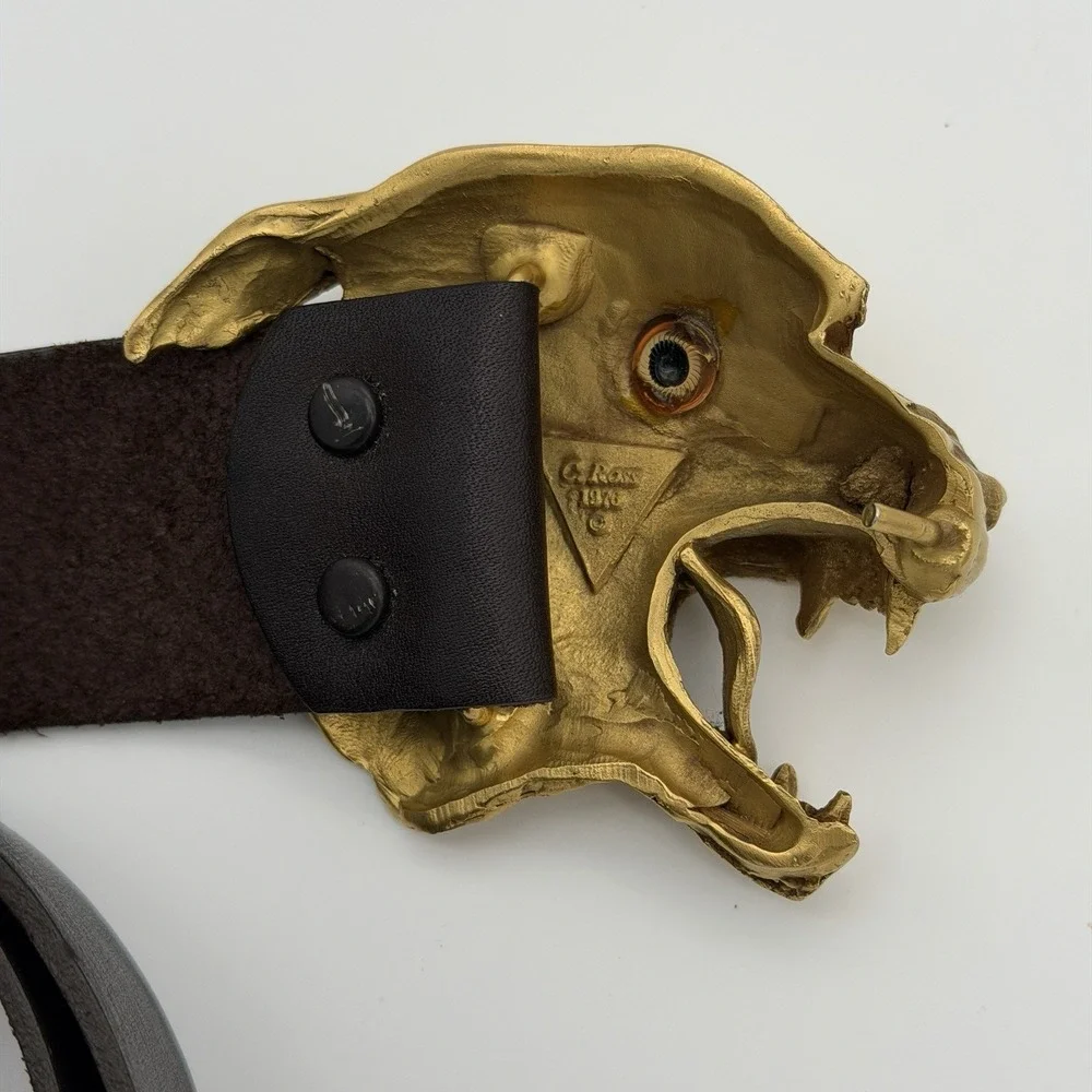 Vtg Christopher Ross Belt Buckle Snarling Angry Dog Wolf 1976 Gold Plate Metal